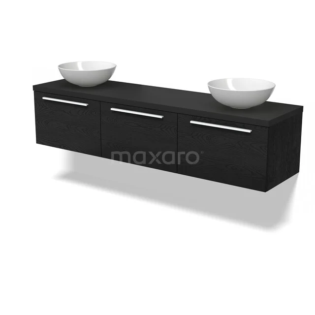Zwart hangend badkamermeubel met drie lades, twee witte waskommen en strakke handgrepen, modern design.