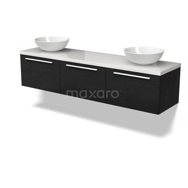 Zweites Schwarz Badmöbel mit doppelten Aufsatzwaschbecken, weißer Plattenoberfläche und klaren Linien für einen modernen Badezimmerstil.
