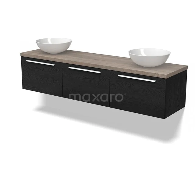 Modulo Plato Badmöbel mit Aufsatzwaschbecken | 180 cm Schwarze Eiche Flach front Eiche blatt 3 nebeneinanderliegende Schubladen BMK33-00070 Schwarzes schwebendes Badezimmermöbelset mit Holzplatte, drei Schubladen und zwei weißen Aufsatzwaschbecken, schnittiges und modernes Design.