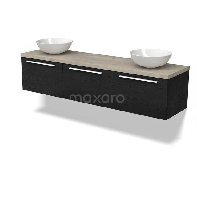 Zwevend badkamermeubel met zwarte kasten, houten blad en twee witte waskommen, modern design voor stijlvolle badkamers.