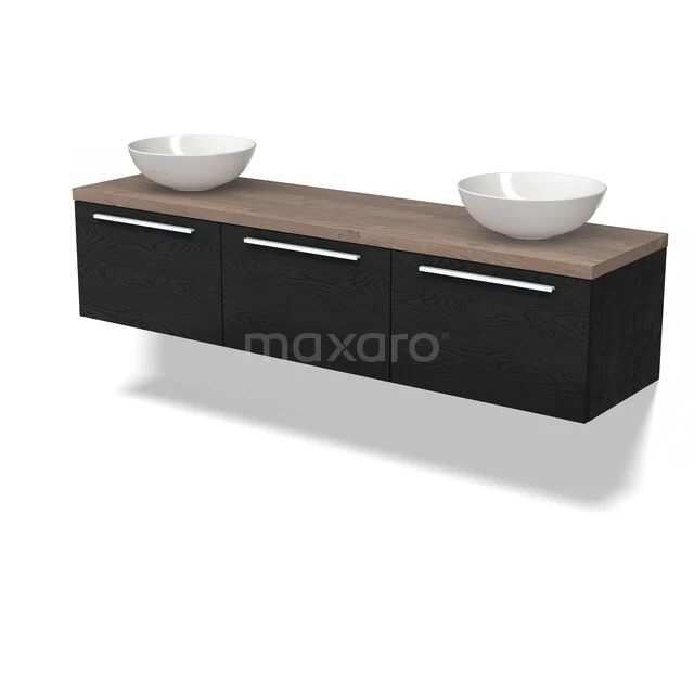 Schwarze Badmöbelset mit Wandmontage, Holzlook Platte und zwei weißen Aufsatzwaschbecken. Modernes Design, ideal für jedes Badezimmer.