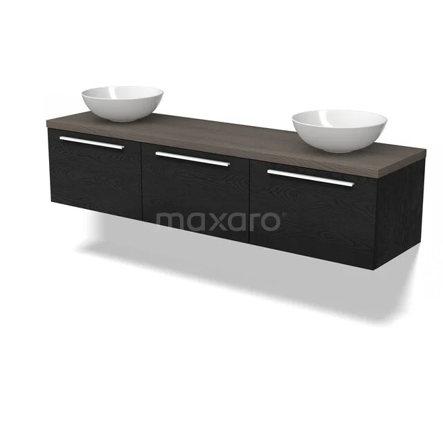Zwarte hangende badkamermeubelset met houten blad, dubbele witte waskommen en drie lades, modern design.