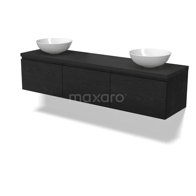 Schwarzes schwebendes Badmöbelset mit doppelten Aufsatzwaschbecken, modernes Design, ideal für eine stilvolle und funktionale Badezimmergestaltung.