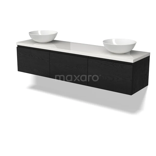 Zwarte houten badkamermeubelset met dubbele witte waskommen en een wit stenen blad, modern design.