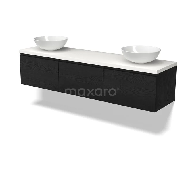 Zwarte zwevende badkamermeubelset met dubbele witte kom-lavabo en houten afwerking, modern design.