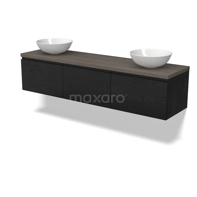 Zwarte zwevende badkamermeubelset met houten blad en twee witte waskommen, modern design voor stijlvolle badkamers.