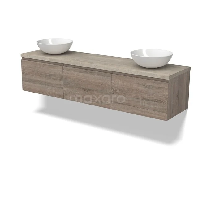Houten zwevend badkamermeubel met twee witte komvormige wastafels, modern ontwerp uit de natuurhouten Elite-serie.