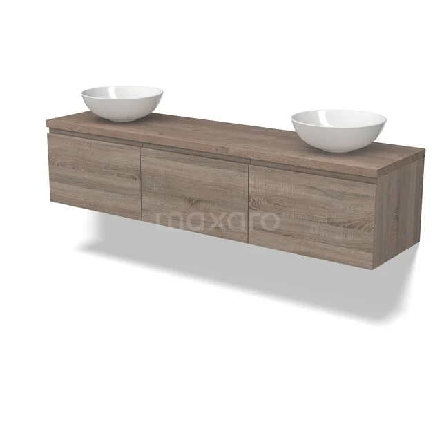 Houten badkamermeubel met dubbele wastafel, modern eiken design, drie lades voor opbergruimte.