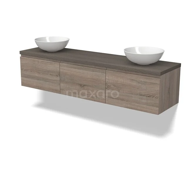 Houten badkamermeubel met dubbele witte waskommen, zwevend model, modern design. Perfect voor elegante badkamerinrichting.