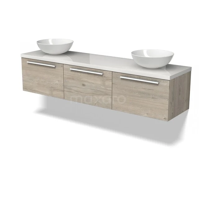 Wandhängendes Badezimmermöbel in heller Holzoptik mit drei Aufbewahrungsschubladen, einschließlich weißer schalenförmiger Waschbecken oben.