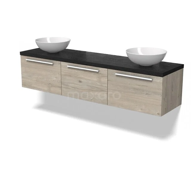 Holz Badezimmermöbel mit heller Eiche Optik, schwarzer Platte und doppeltem weißen Aufsatzwaschbecken, modernes und schwebendes Design.