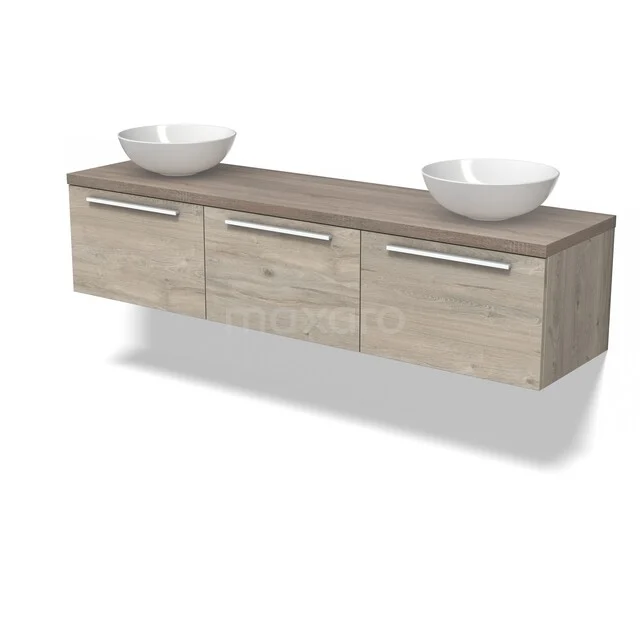 Houten badkamermeubel met twee witte opzetwaskommen, 3 lades en strak design, ideaal voor een moderne badkamer.