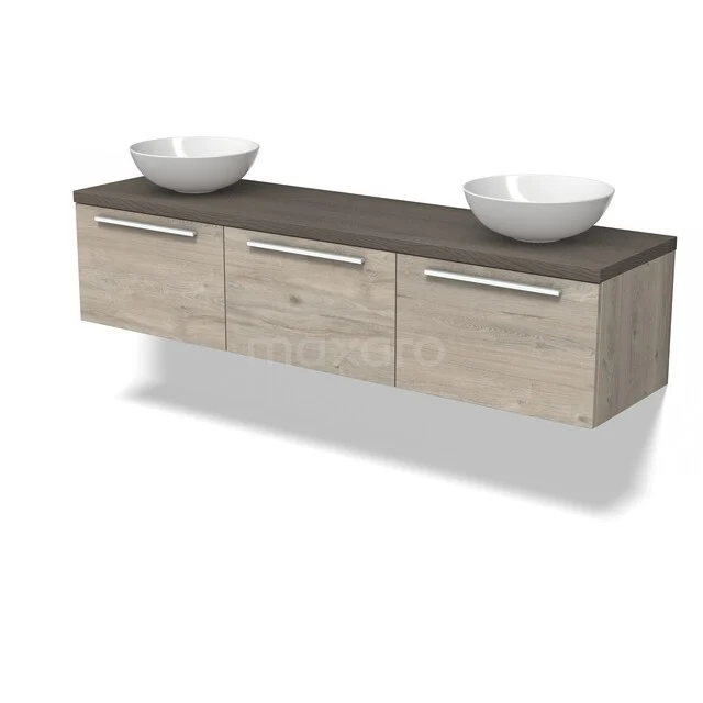 Houten badkamermeubel met drie lades, donker blad en dubbele witte waskommen, ideaal voor moderne badkamers.