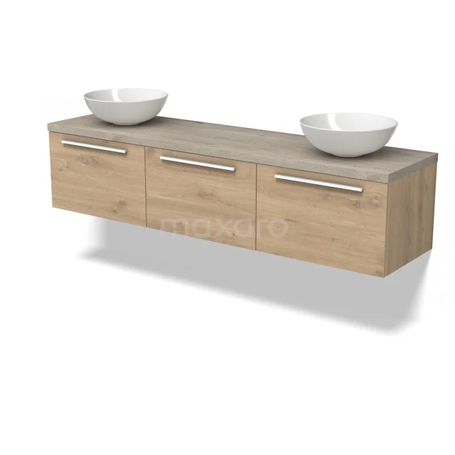 Houten badkamermeubel met drie lades, zwevend design, inclusief twee witte opbouwwastafels, perfect voor moderne badkamers.