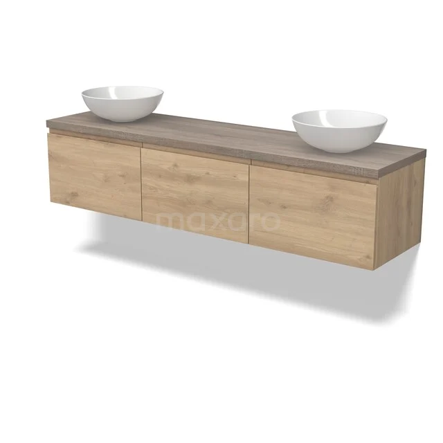 Houten badkamermeubel met taupe blad, dubbele witte waskommen en soft-close lades voor een stijlvolle badkamerinrichting.