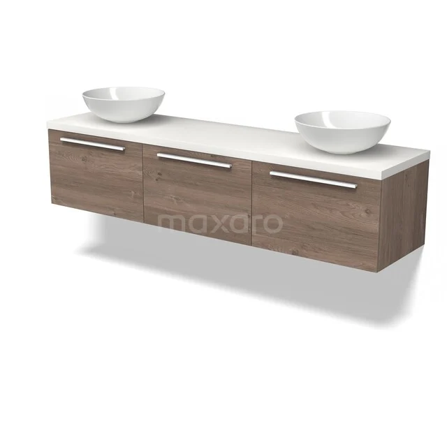Houten badkamermeubel met drie lades, witte bovenblad en twee moderne waskommen, ideaal voor een stijlvolle badkamer.