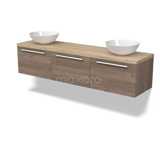 Houten badkamermeubel met dubbele wastafel, modern design en drie opbergvlakken, ideaal voor een stijlvolle badkamer.
