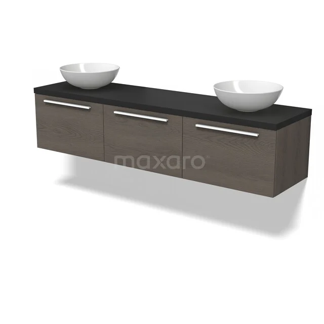 Houten badkamermeubel met donker werkblad, twee witte waskommen en drie lades, strak design voor moderne badkamers.