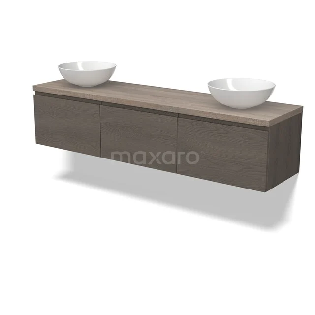 Houten badkamermeubel met dubbele waskommen, wandmontage, Scandinavisch design in licht eiken.