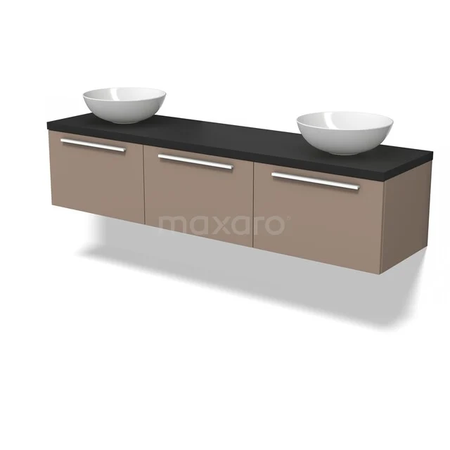 Beige zwevend badkamermeubel met zwart blad en dubbele witte waskom, moderne uitstraling en strakke afwerking.