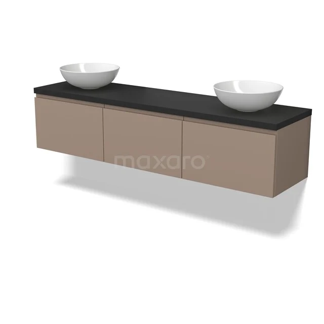 Beige zwevend badkamermeubel met drie lades, zwarte blad en twee witte waskommen. Modern design, ideaal voor badkameropslag.