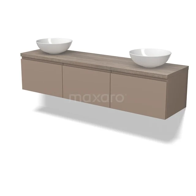 Braunes schwebendes Badezimmermöbelset mit doppelten Aufsatzwaschbecken, matte Oberfläche, modernes Design.