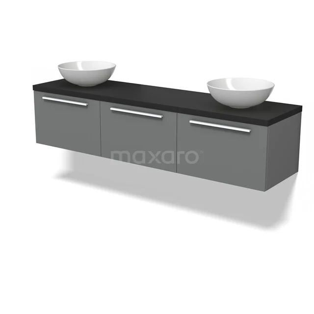 Grijze badkamermeubelset met drie lades, zwarte bovenblad en twee witte keramische waskommen, modern en strak design.