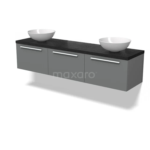 Grijze badkamermeubelset met zwart marmeren blad en dubbele witte waskommen, modern design en strakke afwerking.