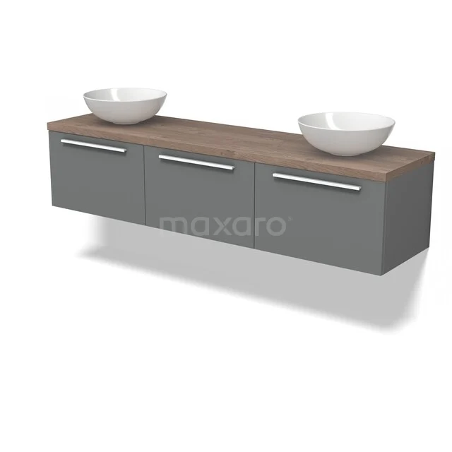 Grijs badkamermeubel met houtlook blad, dubbele witte waskommen en drie lades, modern design, ideaal voor de badkamer.