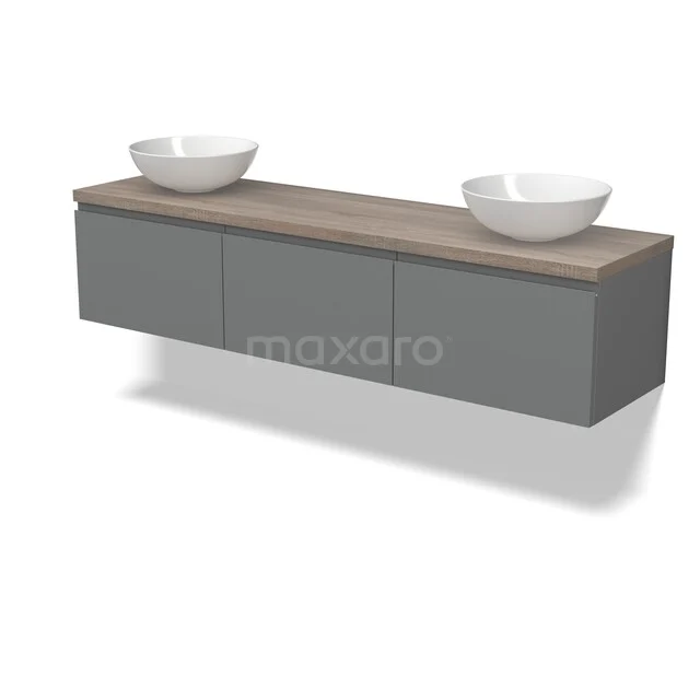 Grijs zwevend badkamermeubel met houtlook blad, dubbele witte waskommen en strak design, ideaal voor een moderne badkamer.