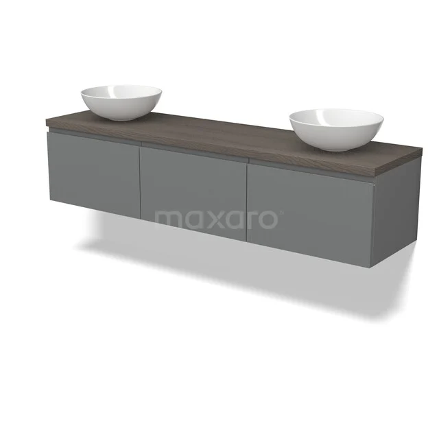 Grijs zwevend badkamermeubel met donker houten blad en twee witte opzetkommen, modern design.