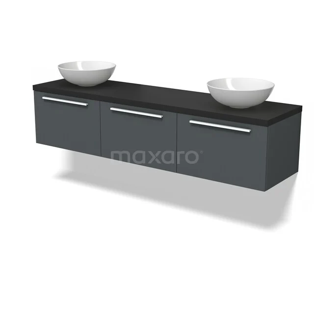 Donkergrijze badkamermeubel met drie lades, zwart blad en twee witte wastafels. Stijlvol en modern design voor elke badkamer.