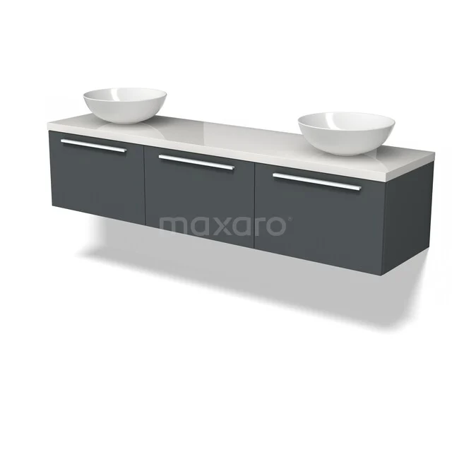 Grauer hängender Badschrank mit weißer Oberplatte und zwei runden Aufsatzwaschbecken, schlankes Design ideal für moderne Bäder.