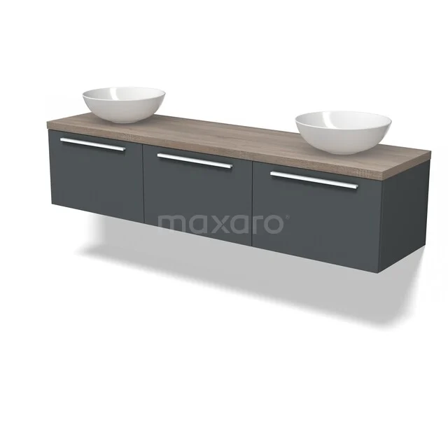 Grijze badkamermeubelset met houtlook blad, dubbele waskommen en moderne handgrepen, ideaal voor een stijlvolle badkamer.
