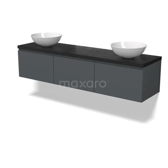Grijze zwevende badkamermeubelset met dubbele waskommen en zwart bovenblad, modern design voor stijlvolle badkamers.