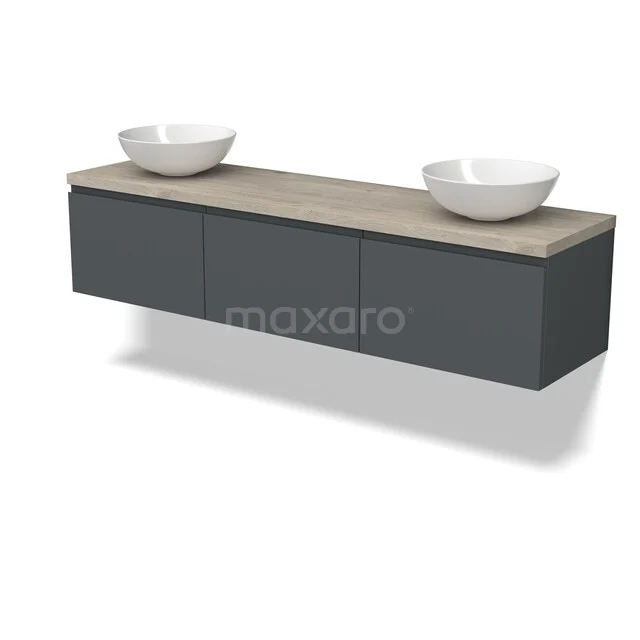 Donkergrijs zwevend badkamermeubel met houtlook blad en twee witte opbouwkommen, modern design.