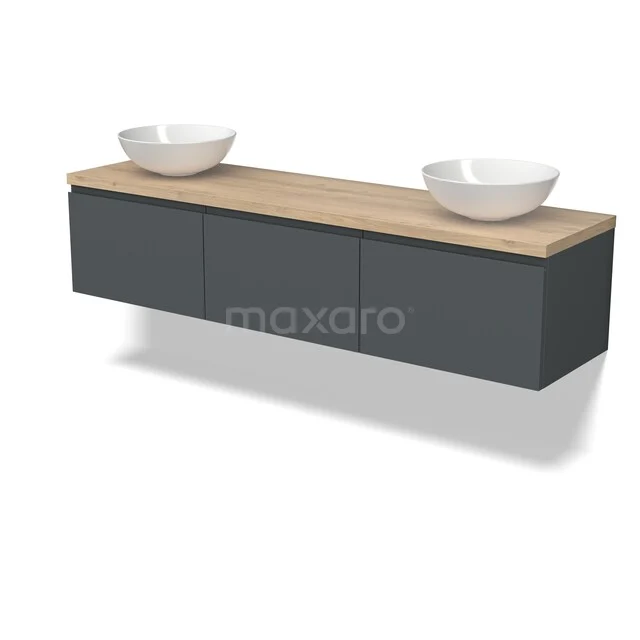 Grijze badkamermeubel met houtlook blad en dubbele witte waskommen, modern design, ideaal voor stijlvolle badkamerinrichting.