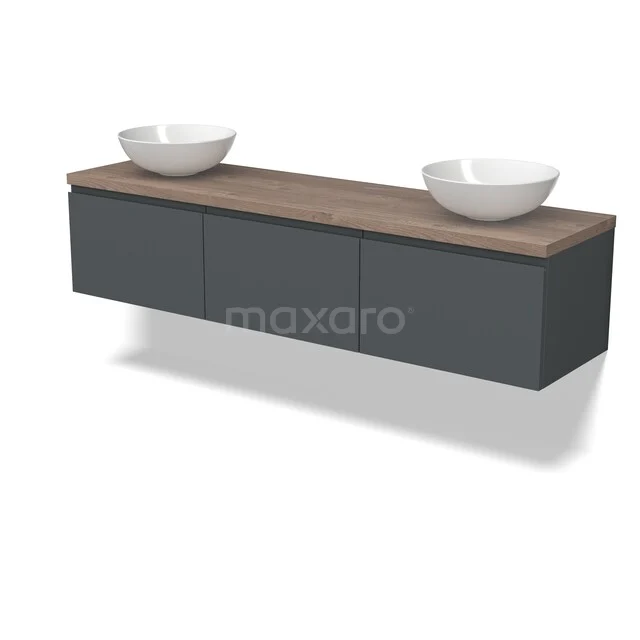 Donkergrijze zwevende badkamermeubel met houten blad, dubbele witte waskommen, modern design voor stijlvolle badkamers.