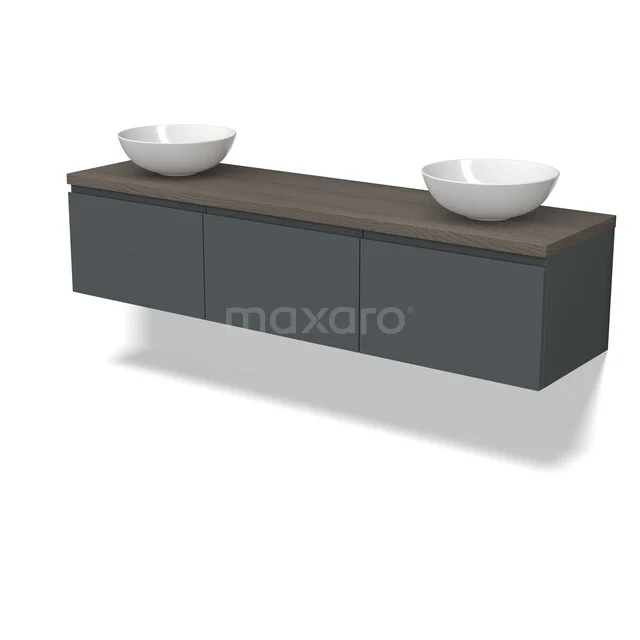 Moderne grijze badkamermeubelset met houten blad en dubbele witte opzetwastafels, perfect voor stijlvolle badkamers.