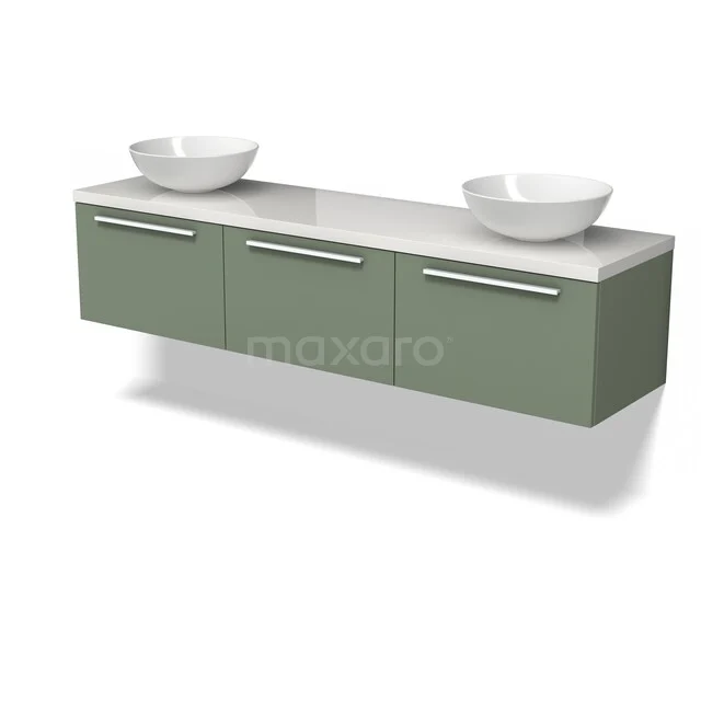 Modulo Plato Badmöbel mit Aufsatzwaschbecken | 180 cm Salbeigrün Flach front Hochglanz Weiß blatt 3 nebeneinanderliegende Schubladen BMK33-00218 Grüne schwebende Badmöbelset mit doppelten weißen Aufsatzwaschbecken. Modernes Design, ideal für stilvolle Badezimmergestaltung.