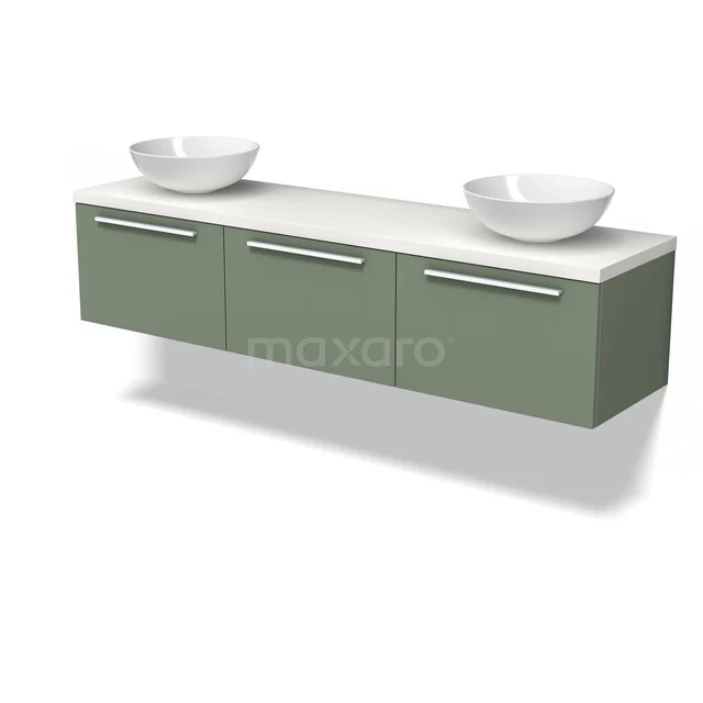Groene badkamermeubel met dubbele witte waskommen, strakke ladedesign en minimalistische metalen grepen.