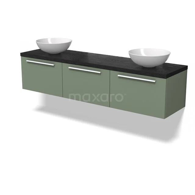 Groene badkamermeubelset met drie lades, zwart wastafelblad en twee witte opzetwaskommen, modern design.