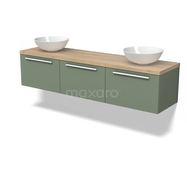 Groen badkamermeubel met houtkleurig blad en dubbele witte waskom, moderne hangende designkast voor stijlvolle badkamers.