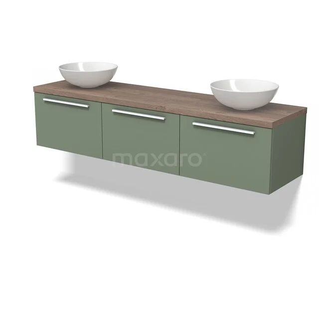 Groene houten badkamermeubelset met dubbel wastafelblad, moderne uitvoering en chromen handgrepen, perfect voor elke badkamer.