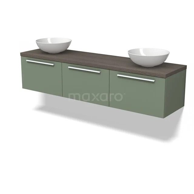 Groene zwevende badkamermeubelset met dubbele waskommen, houten blad en strakke handgrepen, moderne uitstraling.