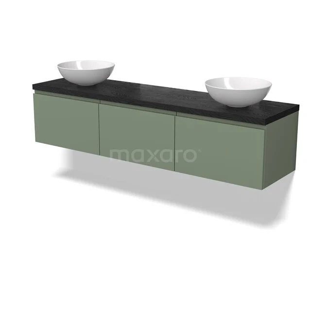 Groene zwevende badkamerkast met zwarte blad en twee witte waskommen, modern design voor stijlvolle badkamers.