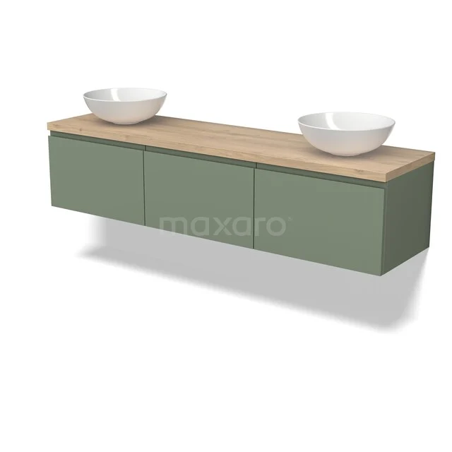 Groen badkamermeubel met houtlook blad en dubbele witte waskommen, moderne wandmontage.
