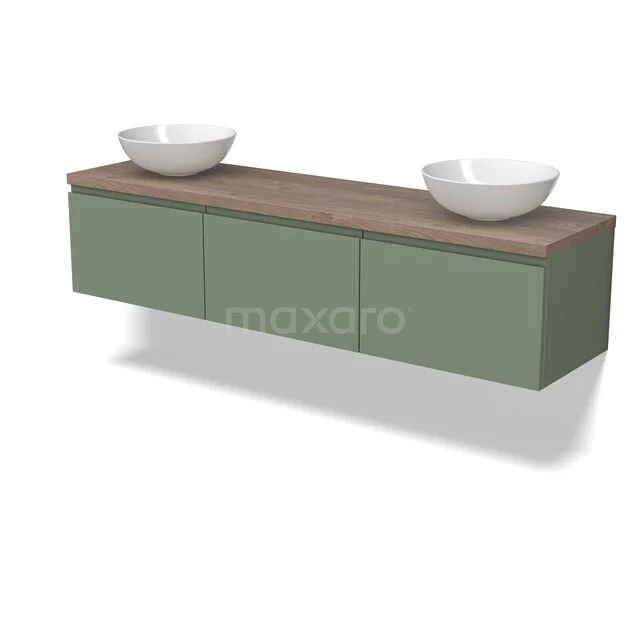 Groene hangende badkamermeubel met houten blad en twee witte waskommen, strak design voor moderne badkamers.