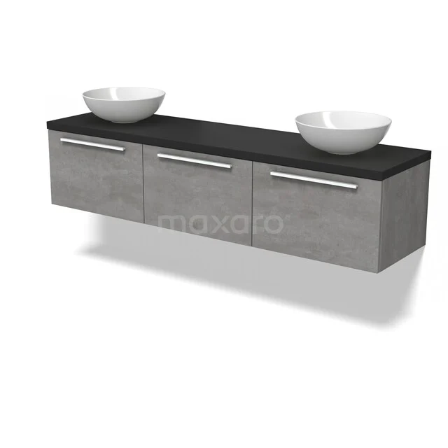 Grijze betonnen badkamermeubel met zwart blad en dubbele witte waskom, modern design voor stijlvolle badkamers.
