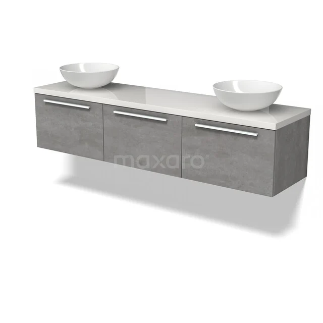 Grijs hangend badkamermeubel met dubbele witte waskommen, strakke lijnen en een moderne betonlook afwerking.
